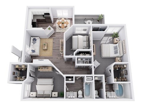Floor plan for 3 beds, 2 baths, 1125 sqft